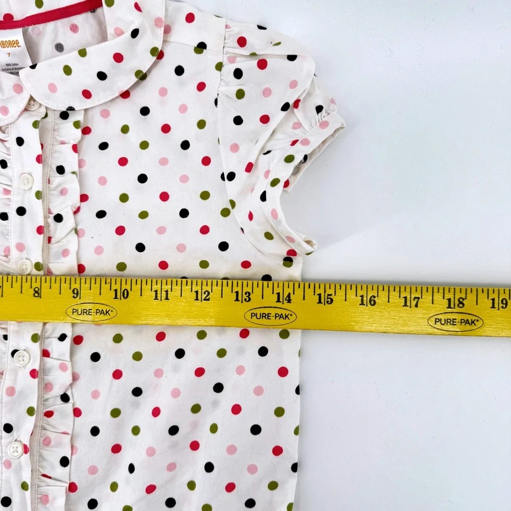 Gymboree Polka Dot Blouse Kids Size 7 White Pink Ruffle Peter Pan Collar Bow